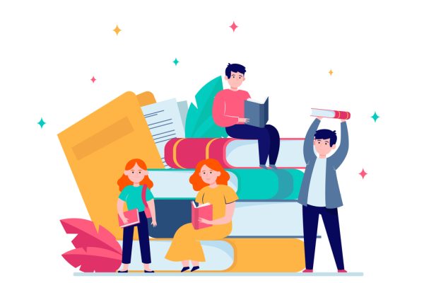 Focused tiny people reading books. Studying, story, library flat vector illustration. Knowledge and education concept for banner, website design or landing web page